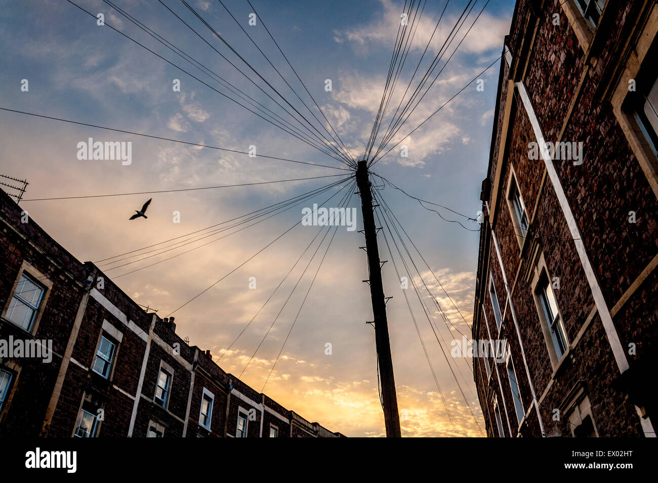 Le linee telefoniche e il polo nella città di Bristol, Inghilterra, Regno Unito Foto Stock