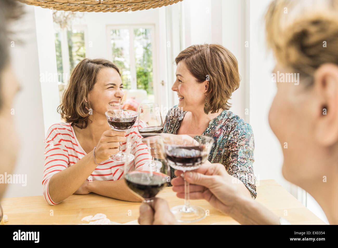 Quattro amici adulti facendo un vino rosso toast a cena Foto Stock