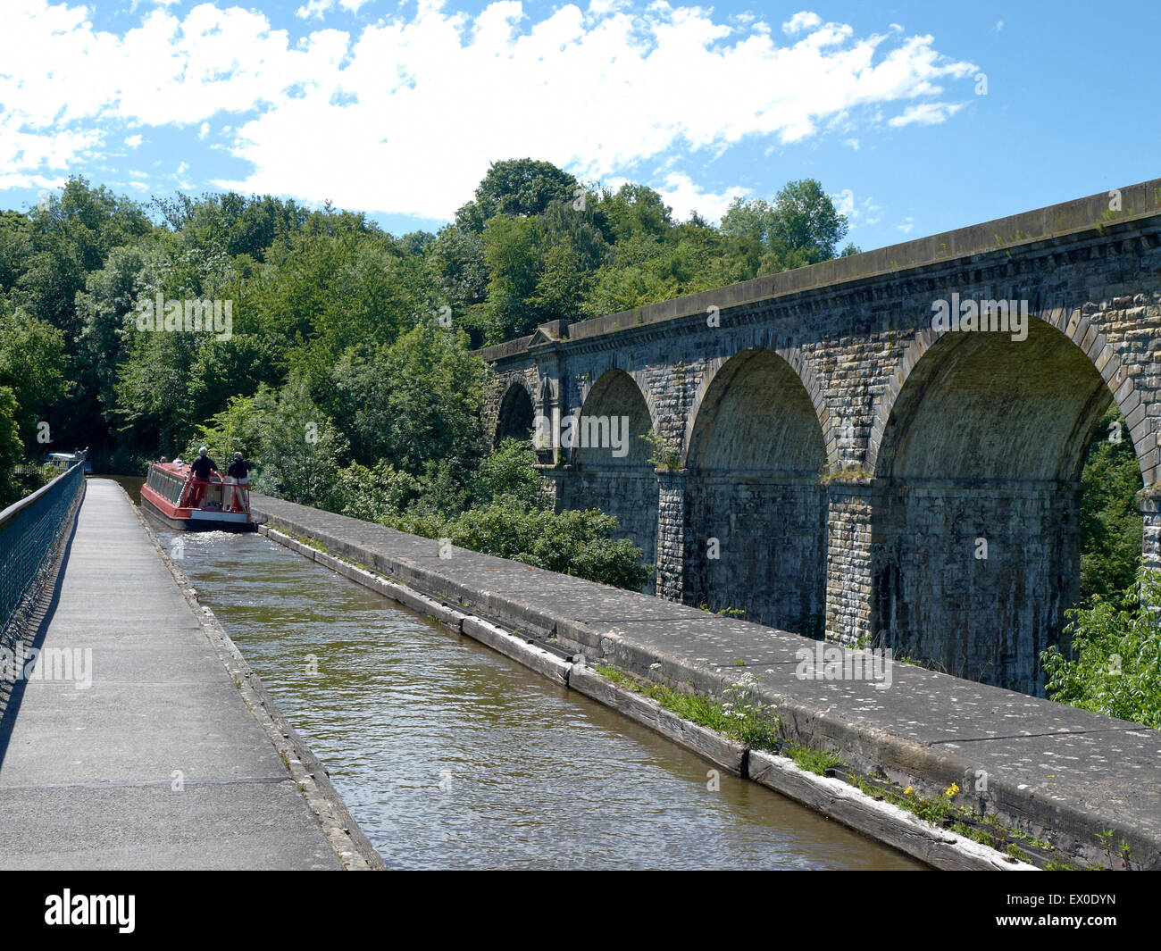 Narrowboat sull'acquedotto con il viadotto ferroviario in Chirk Wales UK Foto Stock
