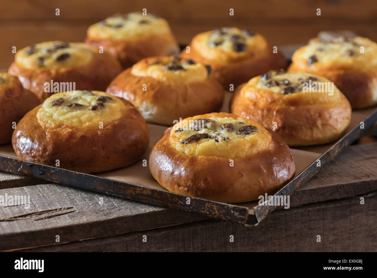 Vatrushkas. Federazione di crema di formaggio ciambelle. Il cibo della Russia Foto Stock