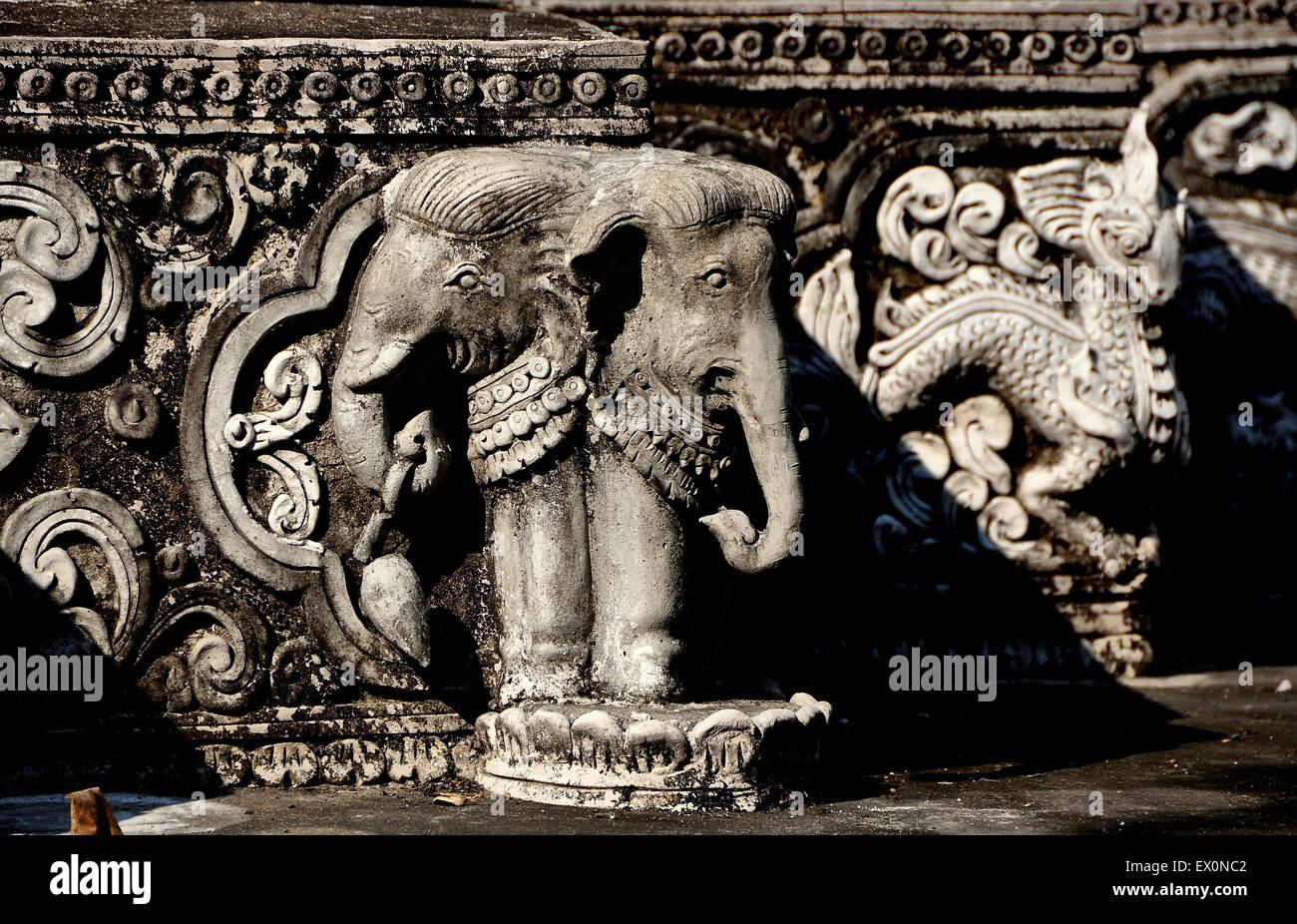 Chiang Mai, Thailandia : una coppia di elefanti scolpiti ornano la base del grande Chedi a Wat Pan durante Foto Stock