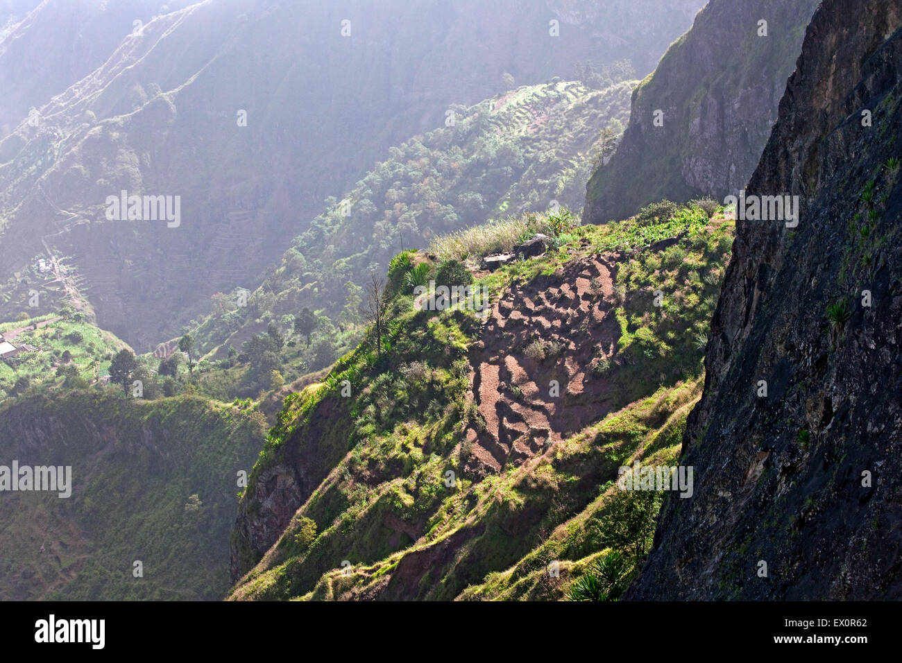 Piccoli campi terrazzati sul pendio di montagna nella Ribeira Grande valle sull'isola di Santo Antão, Capo Verde / Cabo Verde, Africa Foto Stock