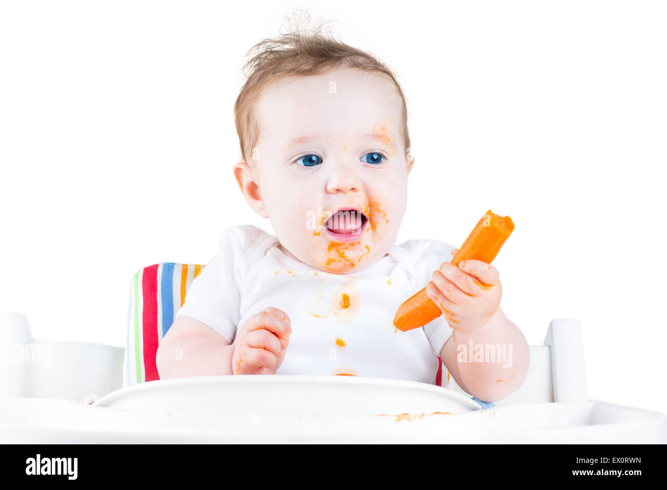 Funny Laughing baby girl mangiando una carota cercando il suo primo solido alimento vegetale seduto in un bianco sedia alta, isolato su bianco Foto Stock