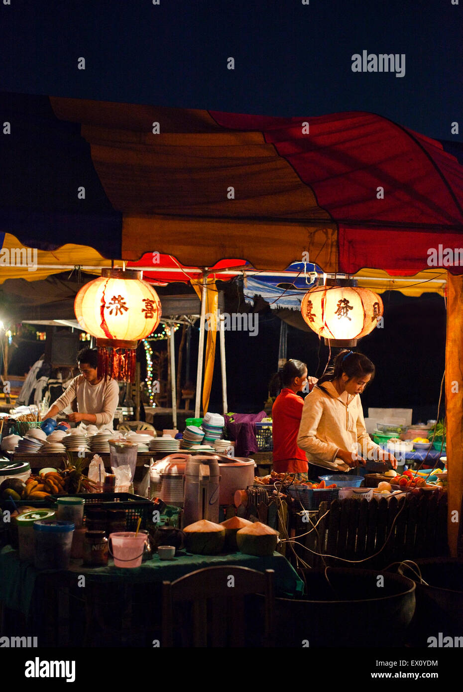 Alimentare i fornitori di stallo al mercato notturno con il fiume Mekong, Quai Fa Ngum, Vientiane, Laos P.D.R. Foto Stock