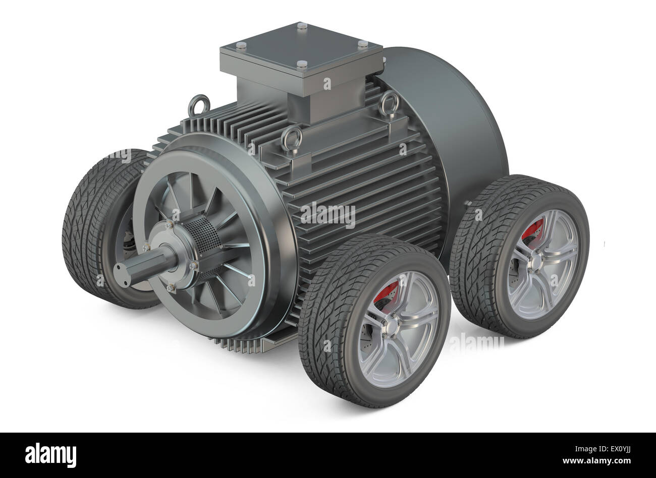 Auto elettrica 3d concetto - motore su ruote isolati su sfondo bianco Foto Stock