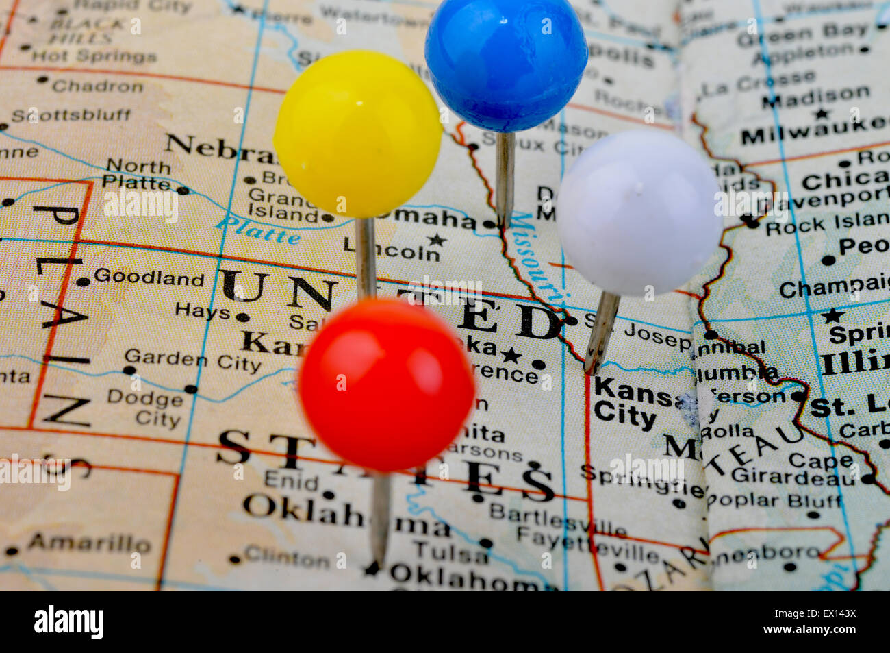 Ripresa macro di una mappa che mostra principali città del Mid West degli Stati Uniti Foto Stock