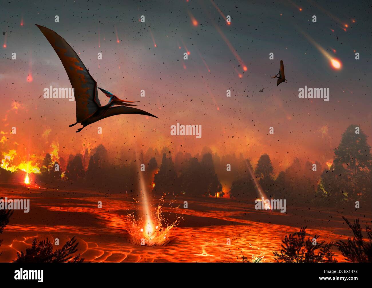 Illustrazione di pterosaurs volando sopra una scena di distruzione circa 65 milioni di anni fa l'impatto di un asteroide o cometa con il Foto Stock
