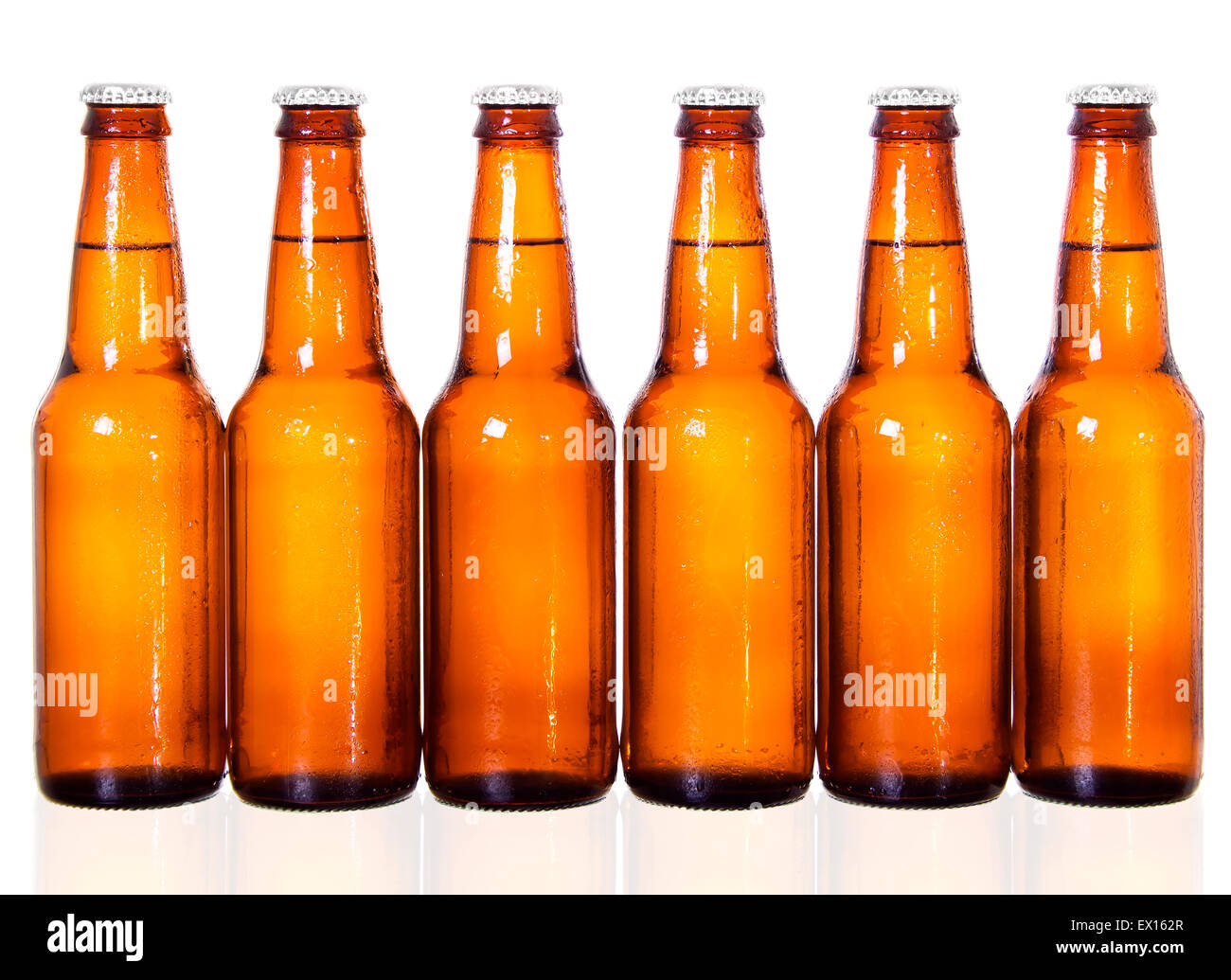 Immagine di stock di sei di birra scura bottiglie su sfondo bianco con la riflessione sul fondo Foto Stock
