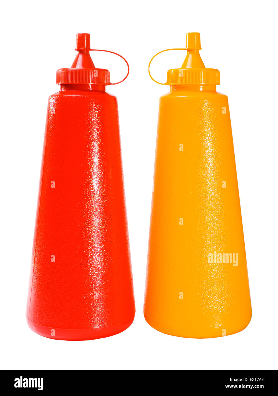 Immagine di stock di ketchup e senape di bottiglie in plastica isolato su bianco Foto Stock