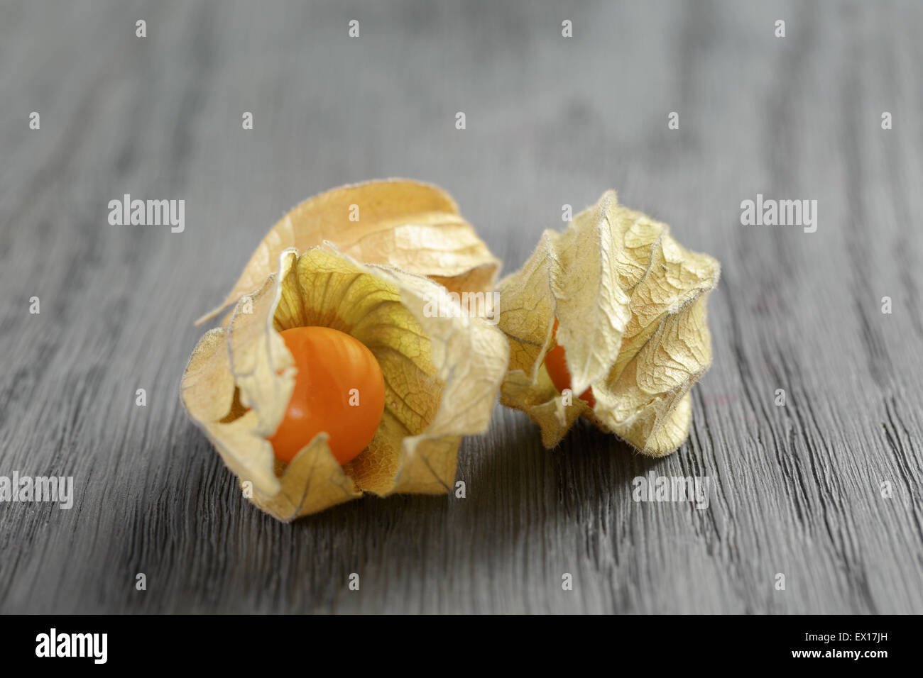 Physalis frutto su oak tavolo in legno Foto Stock