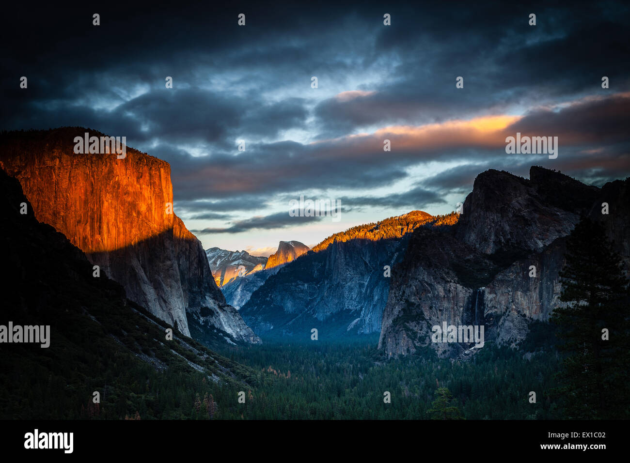Yosemite Valley dalla vista di tunnel. Golden in tarda serata al sole con neve sulle cime Foto Stock