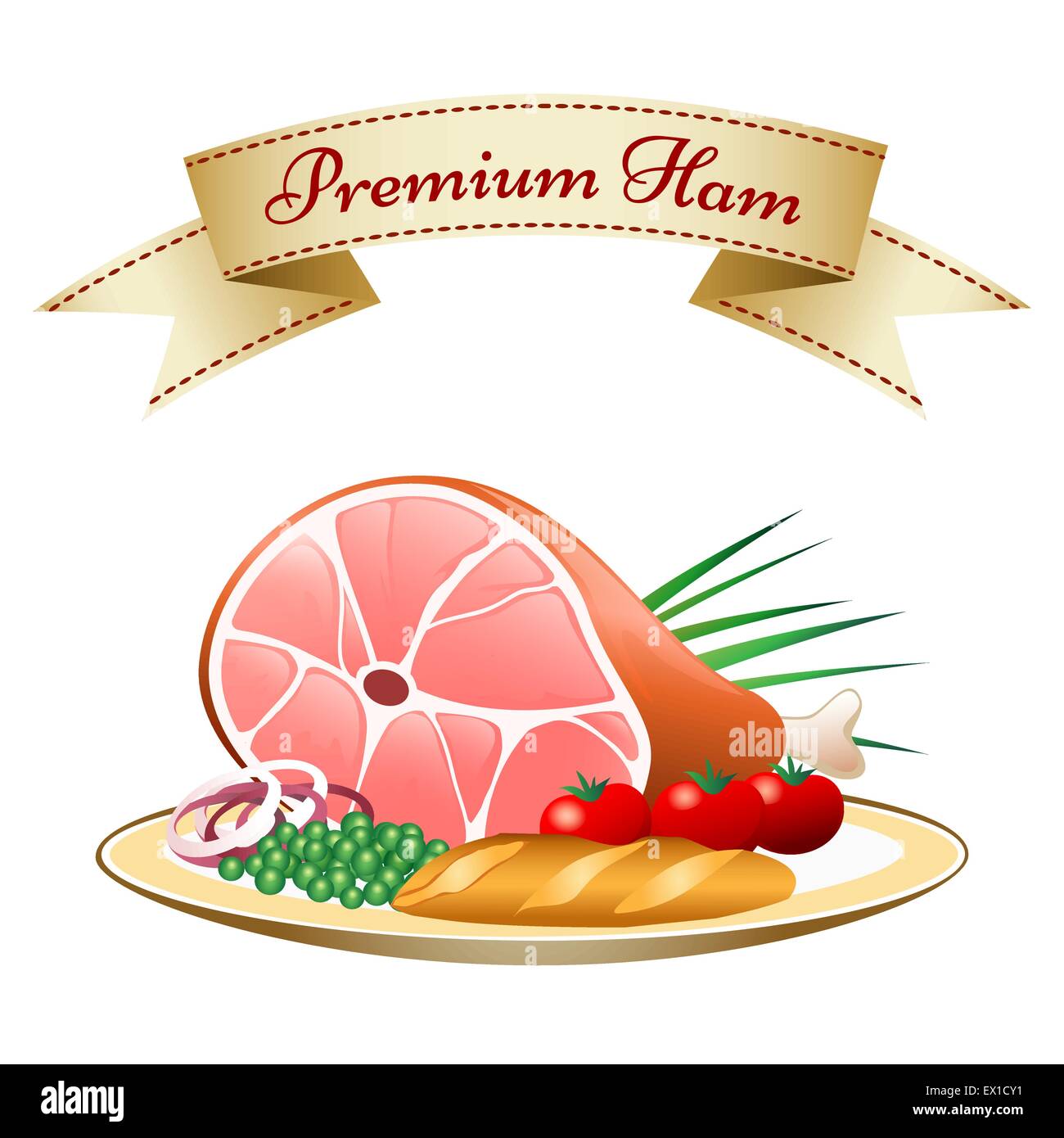 Cucina naturale su una piastra. Prosciutto vegetale e su una piastra con caratteri prosciutto Premium su nastro. Isolato su sfondo bianco. Illustrazione Vettoriale