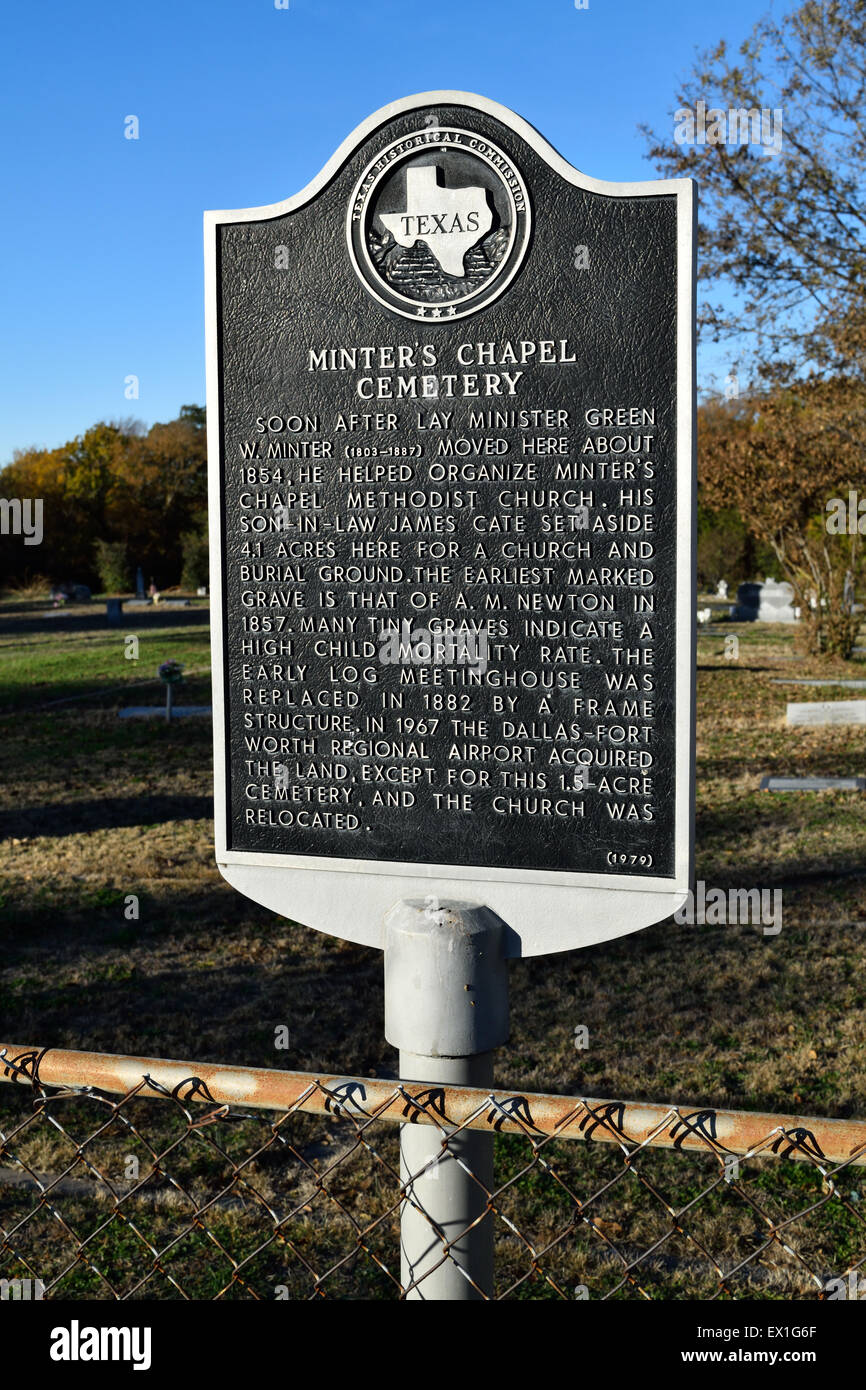 Cappella Minters cimitero storico segno marker vicino aeroporto DFW in Euless, Texas. Foto Stock