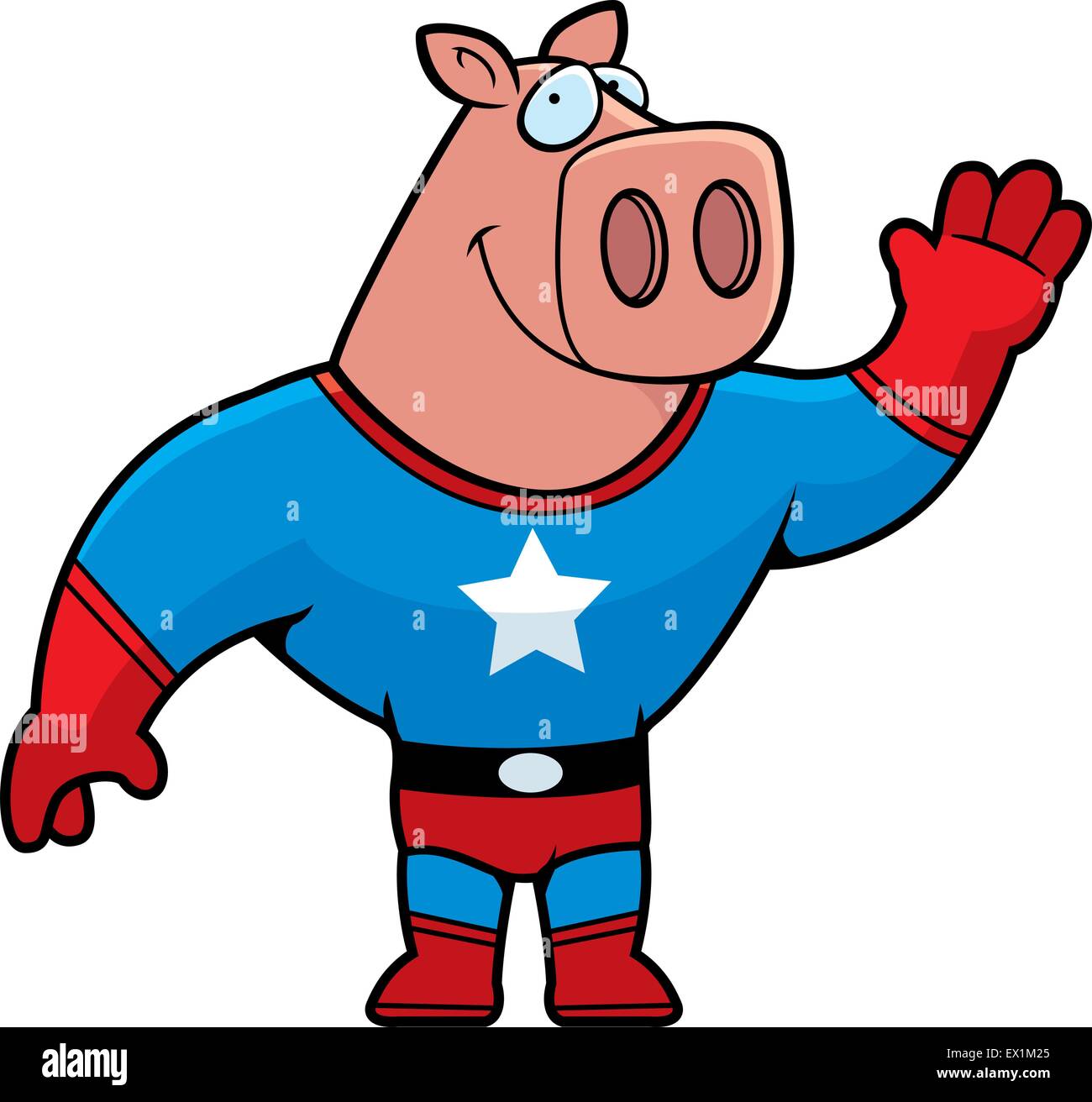 Un felice cartoon supereroe di maiale agitando e sorridente. Illustrazione Vettoriale