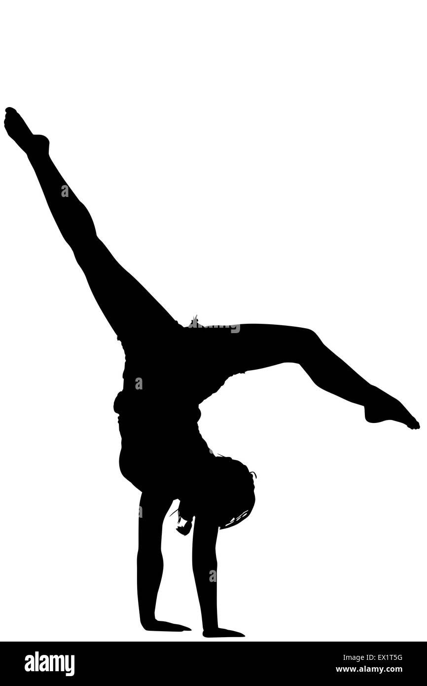 Ginnasta acrobatico ragazza silhouette , retroilluminazione di colore nero su sfondo bianco. Foto Stock