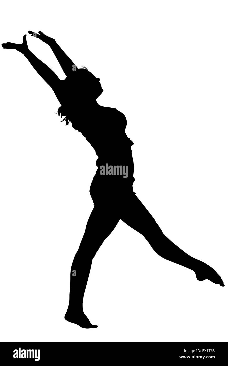 Stretching silhouette ginnasta , retroilluminazione di colore nero su sfondo bianco. Foto Stock