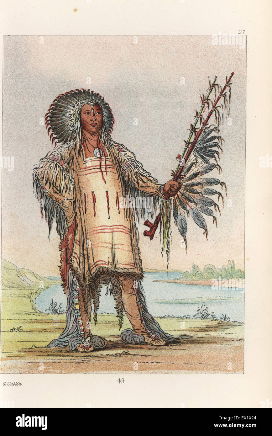 Ha-na-tah-nu-mauh, Lupo Capo Testa, capo del popolo Mandan, nel vestire di  pelli e copricapo di raven quills. Handcolored litografia dal George  Catlin's maniere, doganale e le condizioni degli Indiani del Nord America,