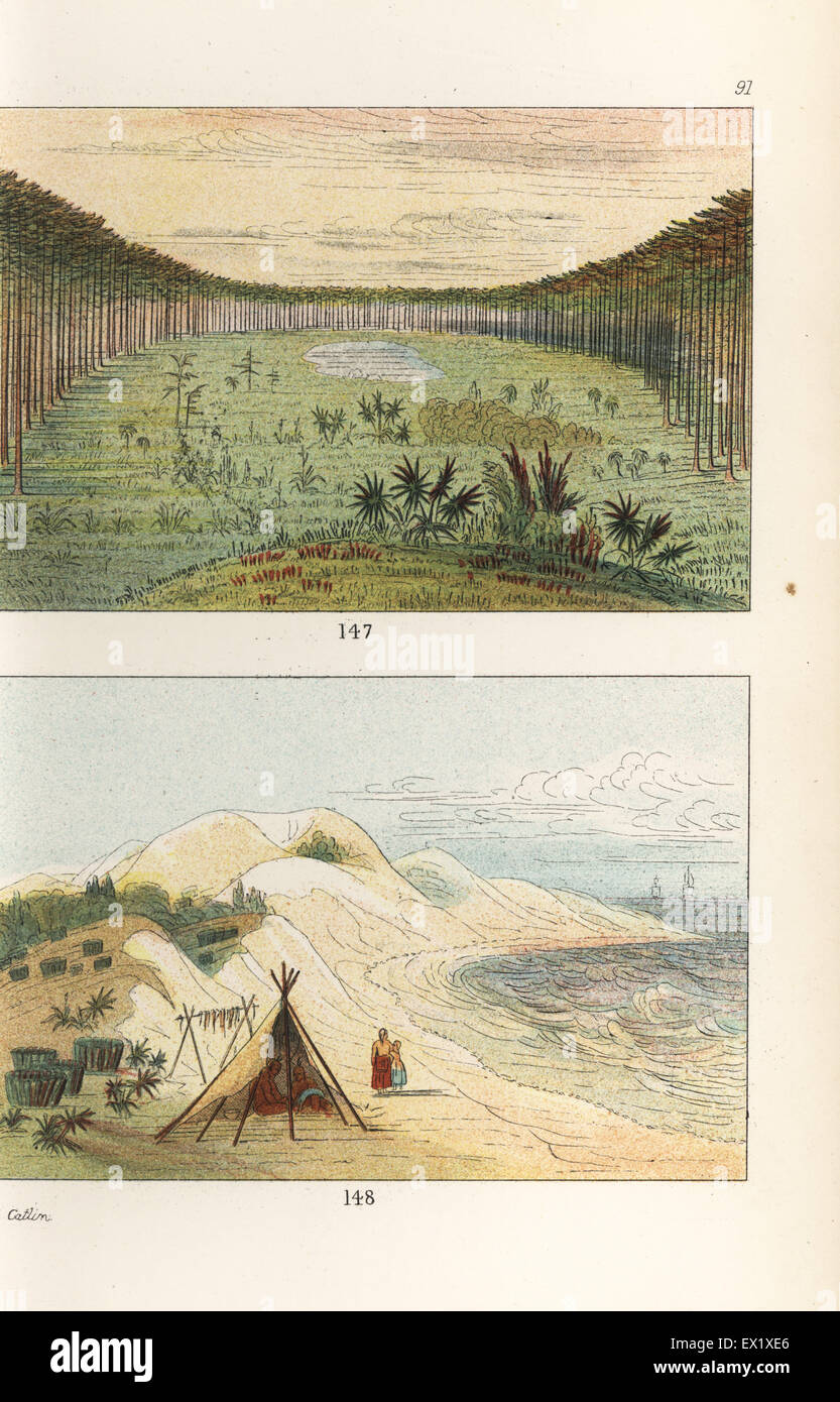 Le paludi della Florida 147, e Seminole persone teepee e nei banchi di sabbia a Santa Rosa isola nei pressi di Pensacola 148. Handcolored litografia dal George Catlin's maniere, doganale e le condizioni degli Indiani del Nord America, Londra, 1841. Foto Stock