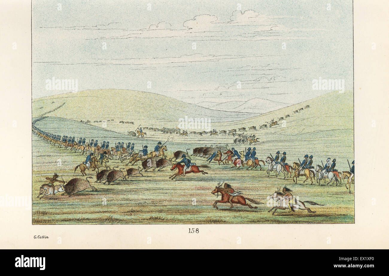 Nativi americani e noi della cavalleria a Buffalo hunt. Osage, cherokee, Seneca, Delaware e Comanche caccia bison con il Colonnello Henry Dodge 1° reggimento degli Stati Uniti dragoni. Handcolored litografia dal George Catlin's maniere, doganale e le condizioni degli Indiani del Nord America, Londra, 1841. Foto Stock