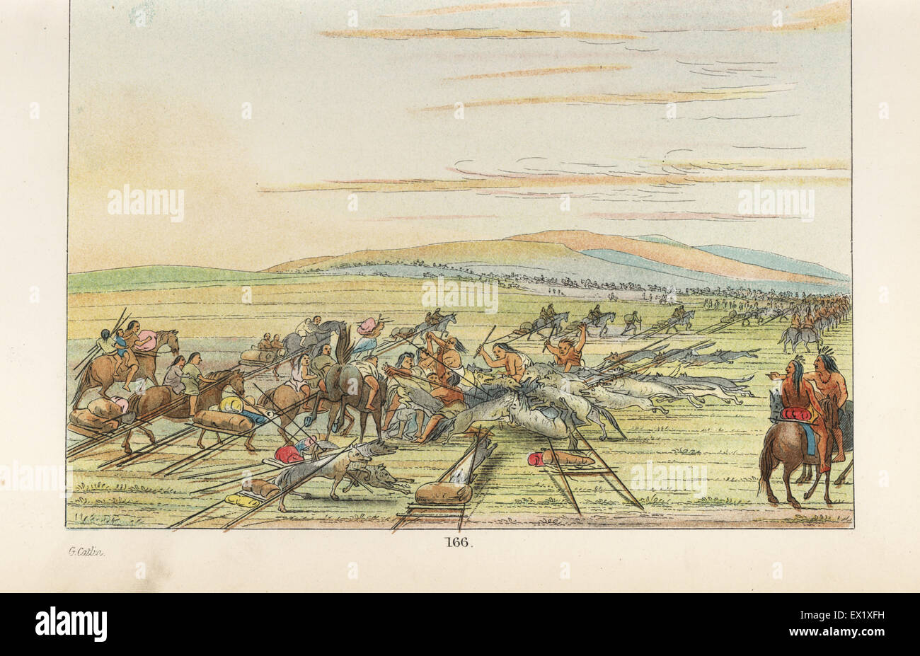 Comanche villaggio sul movimento: donne teepees Demolizione e preparazione allo spostamento di encampment trascinando il bagaglio dietro i cavalli e i cani. Handcolored litografia dal George Catlin's maniere, doganale e le condizioni degli Indiani del Nord America, Londra, 1841. Foto Stock