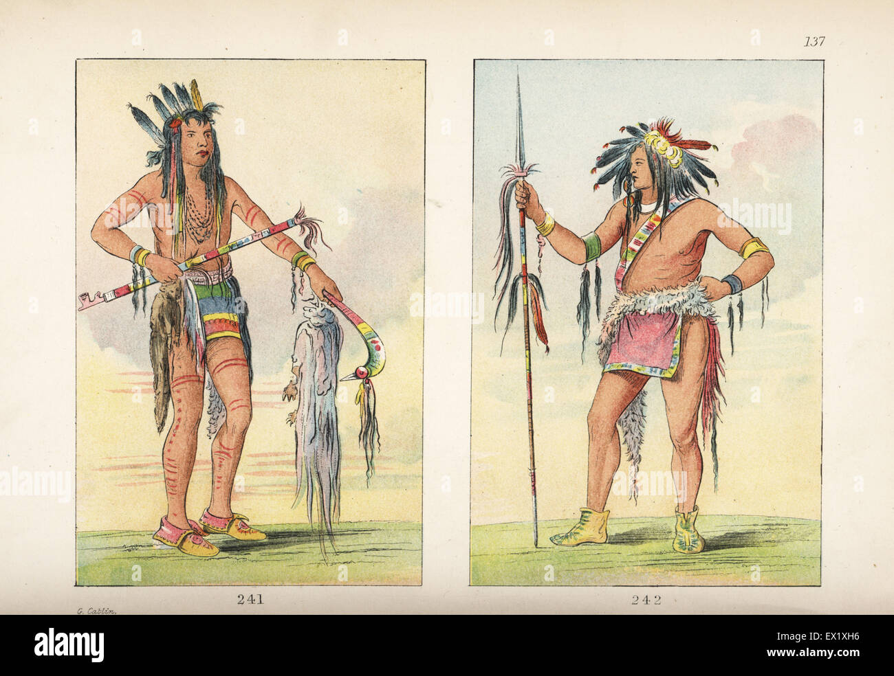 Chippewa warriors Ka-bes-kunk, chi viaggia ovunque 241 e ka-essere-mub-essere, egli che siede ovunque 244. Handcolored litografia dal George Catlin's maniere, doganale e le condizioni degli Indiani del Nord America, Londra, 1841. Foto Stock