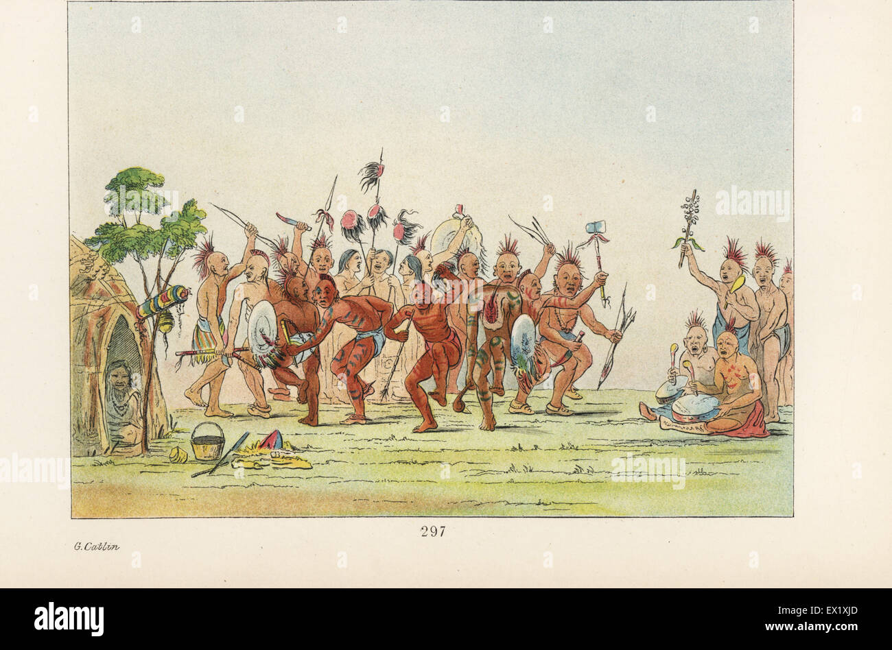 Uomini Meskwaki eseguendo la danza per la medicina del Brave. Sac warriors ballando con cuoio capelluto del loro nemico di fronte il teepee di un guerriero caduto la vedova. Handcolored litografia dal George Catlin's maniere, doganale e le condizioni degli Indiani del Nord America, Londra, 1841. Foto Stock