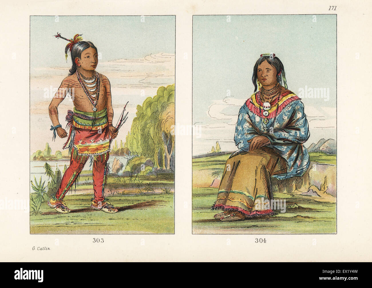 Seminole boy os-ce-o-la nick-a-n-chee 303 e donna 304. Handcolored litografia dal George Catlin's maniere, doganale e le condizioni degli Indiani del Nord America, Londra, 1841. Foto Stock