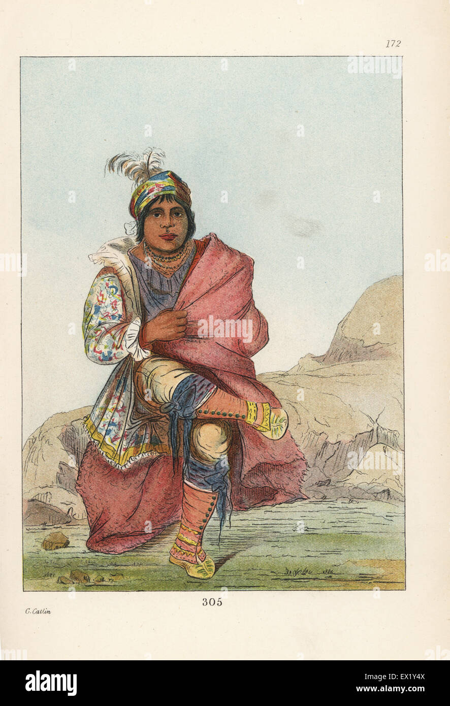 Seminole chief Mick-e-n-PAH, in rosso gambali, mocassini, coperta, e accappatoi colorati. Handcolored litografia dal George Catlin's maniere, doganale e le condizioni degli Indiani del Nord America, Londra, 1841. Foto Stock