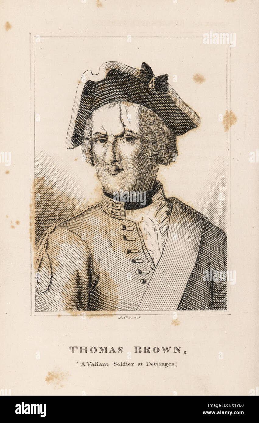 Thomas Brown, valoroso soldato inglese a Dettingen che riconquistò la standard del reggimento nonostante la ricezione di otto tagli di spada e due musketballs. Incisione su rame da R. grave da John Caulfield ritratti, memorie e personaggi di notevole persone, giovani, Londra, 1819. Foto Stock