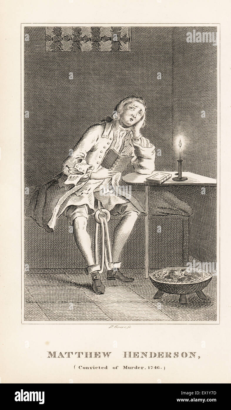 Matthew Henderson, condannato per omicidio di un servo. Impiccato su un patibolo in Oxford Street, poi appeso in catene da Edgeware Road, 1746. In manette nella sua cella. Incisione su rame da R. grave da John Caulfield ritratti, memorie e personaggi di notevole persone, giovani, Londra, 1819. Foto Stock