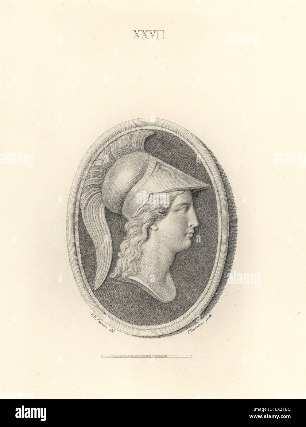 Testa di Minerva, Romana dea della sapienza nel casco corinzio. Incisione su rame di Francesco Bartolozzi dopo un disegno di Giovanni Battista Cipriani da 108 piastre di gioielli antichi, 1860. Le gemme sono state dal Duca di Marlborough della collezione. Foto Stock