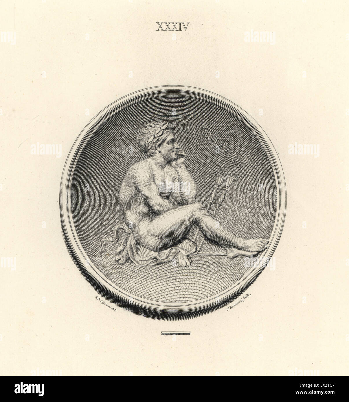 Un Fauno con doppio flauto seduto su una tigre di pelle. Incisione su rame di Francesco Bartolozzi dopo un disegno di Giovanni Battista Cipriani da 108 piastre di gioielli antichi, 1860. Le gemme sono state dal Duca di Marlborough della collezione. Foto Stock