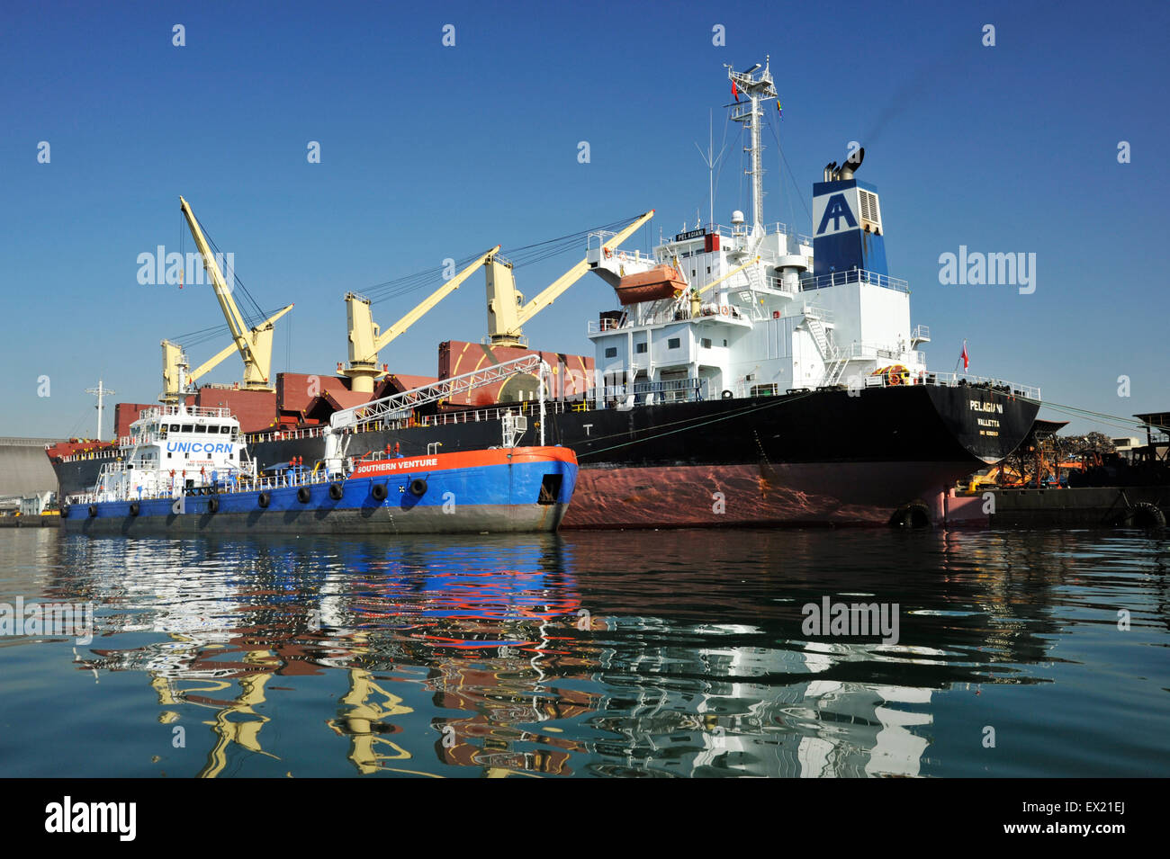 Belle navi, riflessione, porto di Durban, Sud Africa, nave da carico Pelagiani Valletta, chiatta di rifornimento, Unicorn Southern Venture, porti globali Foto Stock