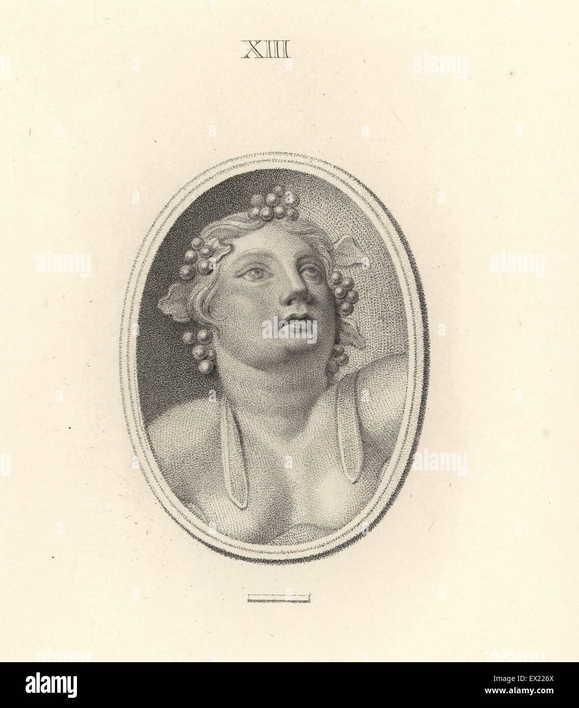 Bacchus, dio romano del vino con uve e vineleaves nei suoi capelli. Incisione su rame di Francesco Bartolozzi da 108 piastre di gioielli antichi, 1860. Le gemme sono state dal Duca di Marlborough della collezione. Foto Stock