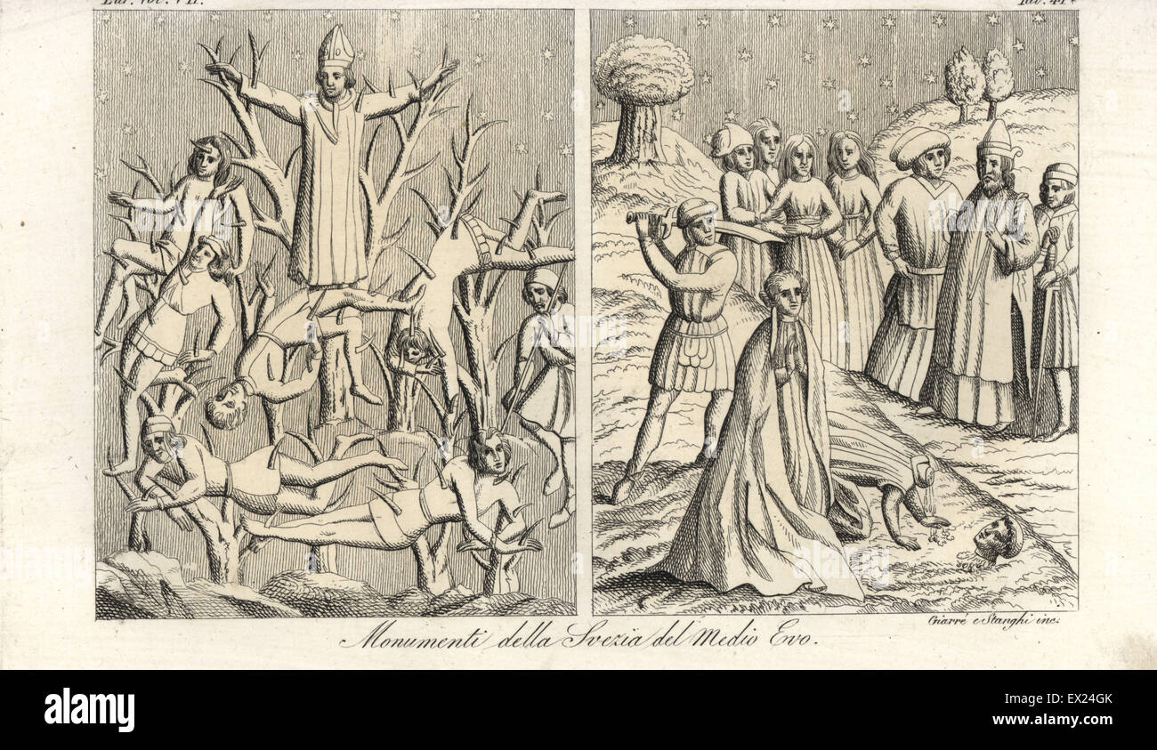 Medioevali monumenti svedese. Il vescovo cristiano e altri uccisi con le frecce e gettato in un boschetto pagano e il martirio di due cristiani in Svezia. Da un dipinto nella chiesa della vecchia Uppsala. Handcolored incisione su rame da Giarre e Stanghi da Giulio Ferrario costumi dell Antico e Moderno di tutti i popoli del mondo, Firenze, 1847. Foto Stock