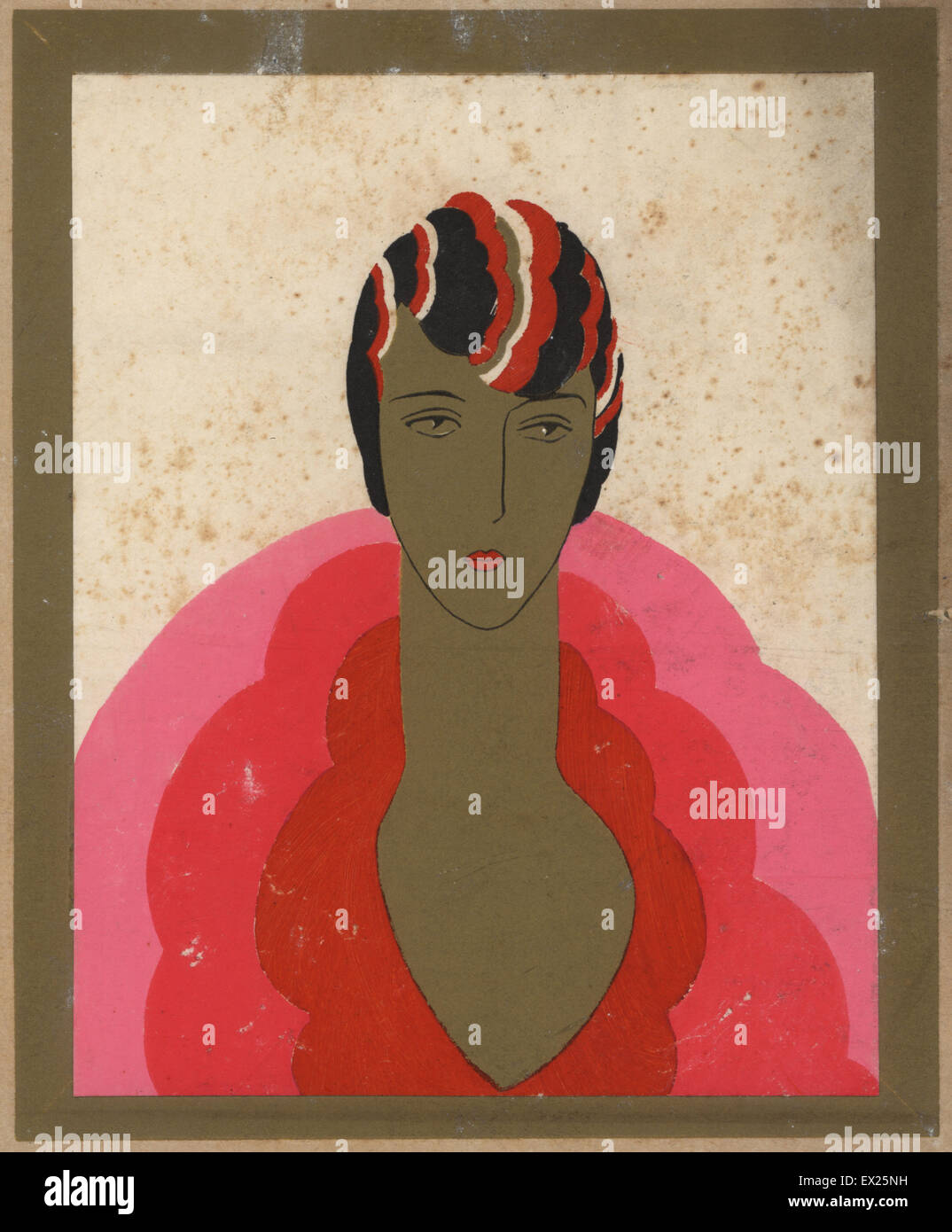 La donna a cloche hat e abito rosa in oro telaio. Litografia con pochoir (stencil) colorazione dal lusso fashion magazine arte gotta Beaute, BAG, Parigi, aprile 1926. Foto Stock