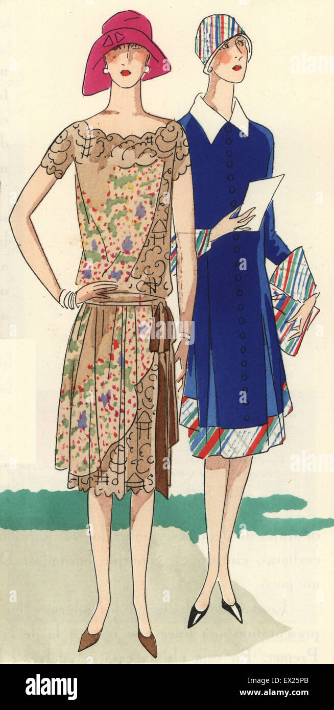 Le donne nel pomeriggio di abiti e cappelli cloche, 1920s. Litografia con pochoir (stencil) colorazione dal lusso fashion magazine arte gotta Beaute, BAG, Parigi, aprile 1926. Foto Stock