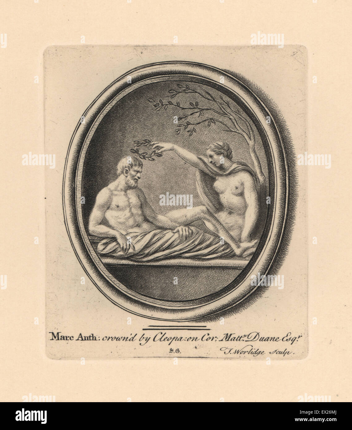 Marc Antony incoronata con una corona di alloro da Cleopatra, Faraone d'Egitto, incisi su corniola dalla collezione di Matteo Duane. Incisione su rame di Thomas Worlidge da James Vallentin di cento e otto Incisioni da gioielli antichi, 1863. Foto Stock