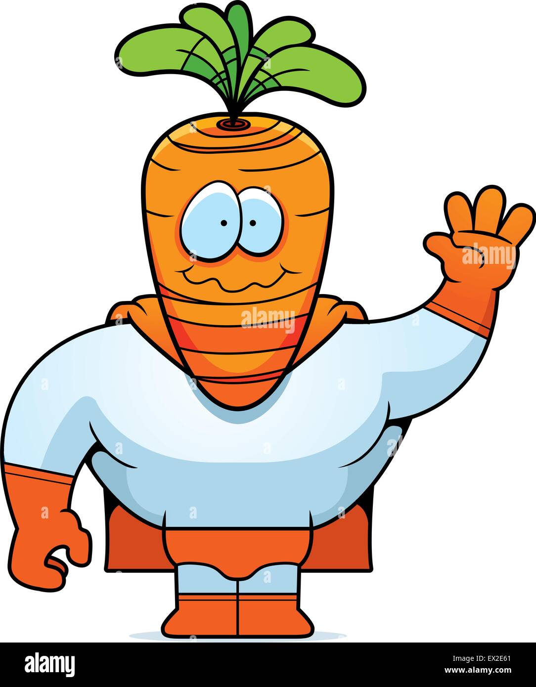 Un felice cartoon supereroe di carota gesticolando e sorridente. Illustrazione Vettoriale