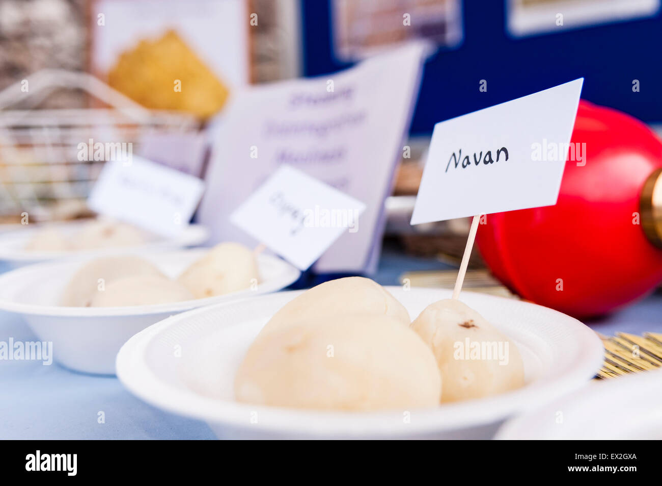 Navan patate sul display in un salone del cibo. Foto Stock