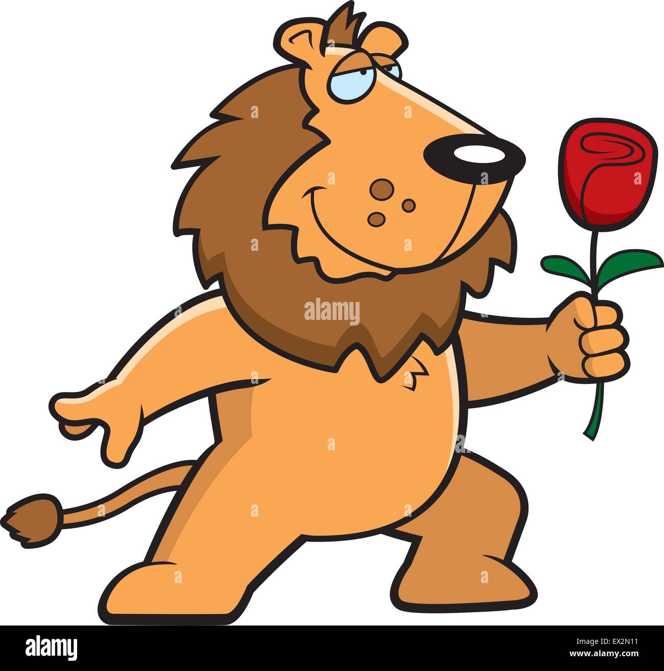 Un felice cartoon lion con un fiore. Illustrazione Vettoriale