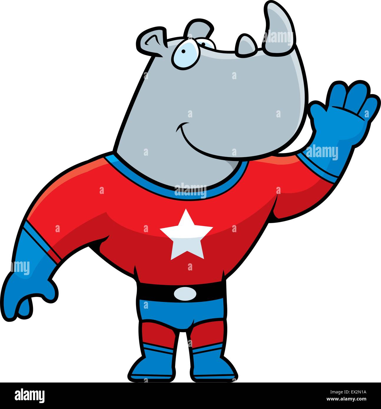 Un felice cartoon rhino supereroe gesticolando e sorridente. Illustrazione Vettoriale