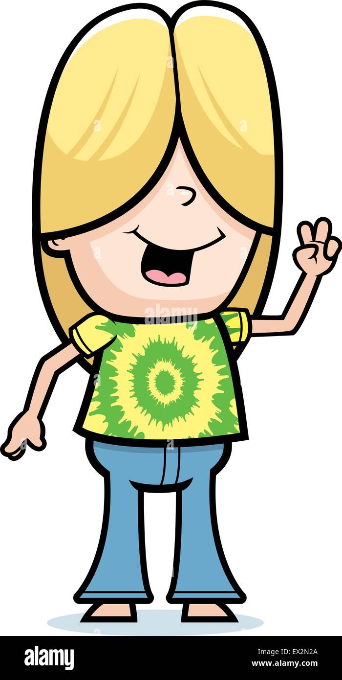 Un felice cartoon hippie boy che dà il segno di pace. Illustrazione Vettoriale