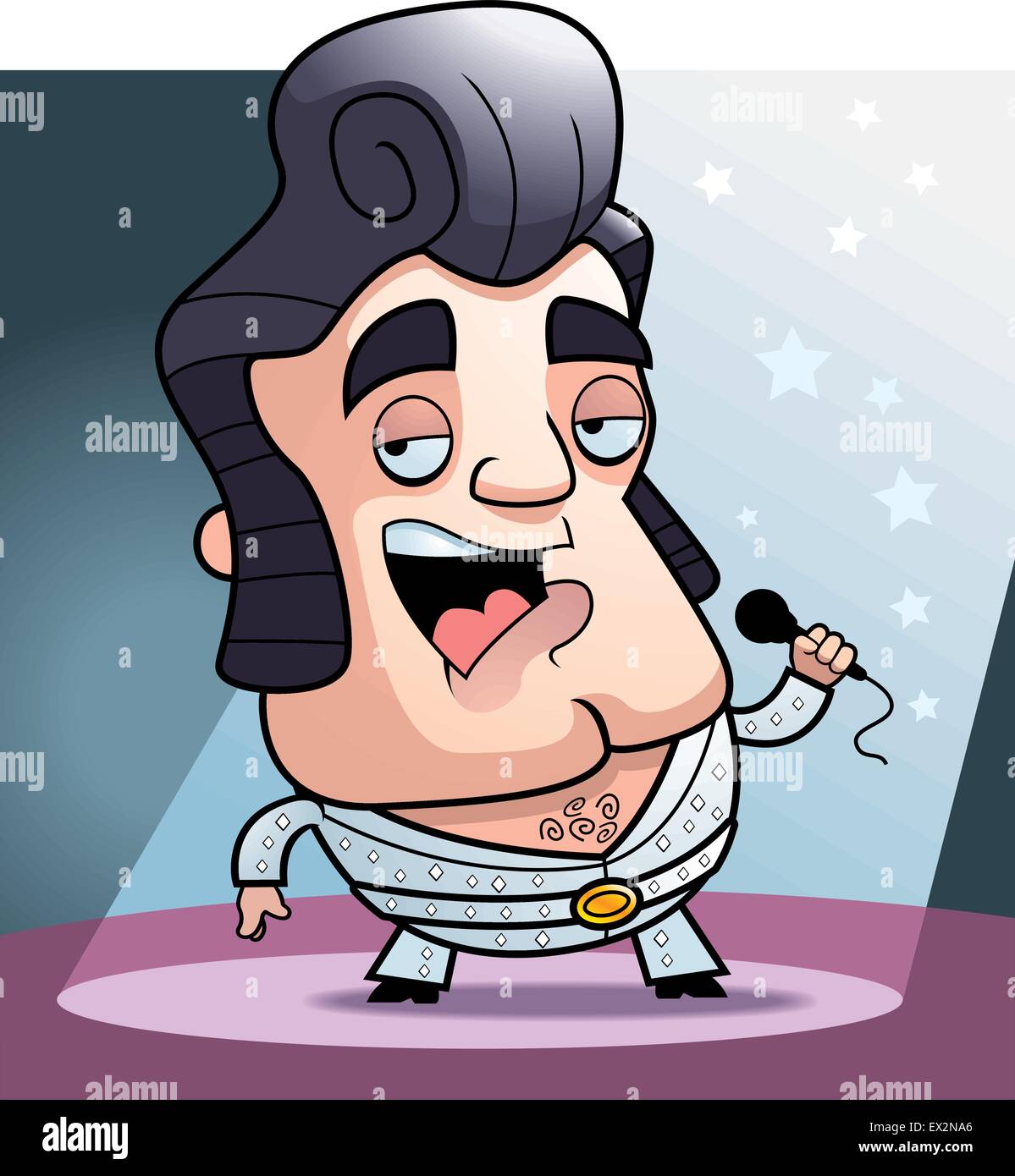 Un cartoon cantante rock cantando con un microfono. Illustrazione Vettoriale