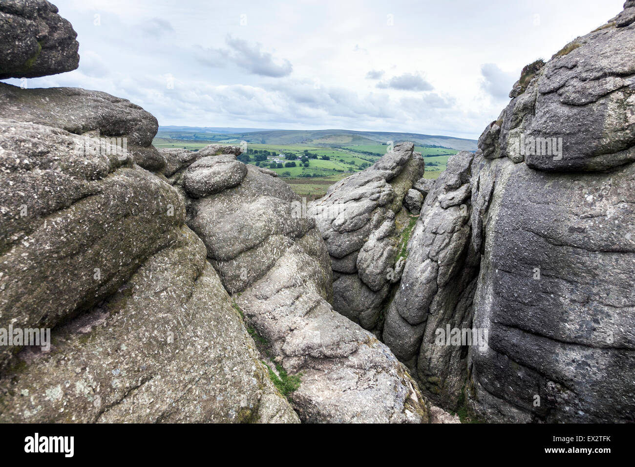 Vista dei mori dai Haytor nel Parco Nazionale di Dartmoor, Devon, Inghilterra Foto Stock