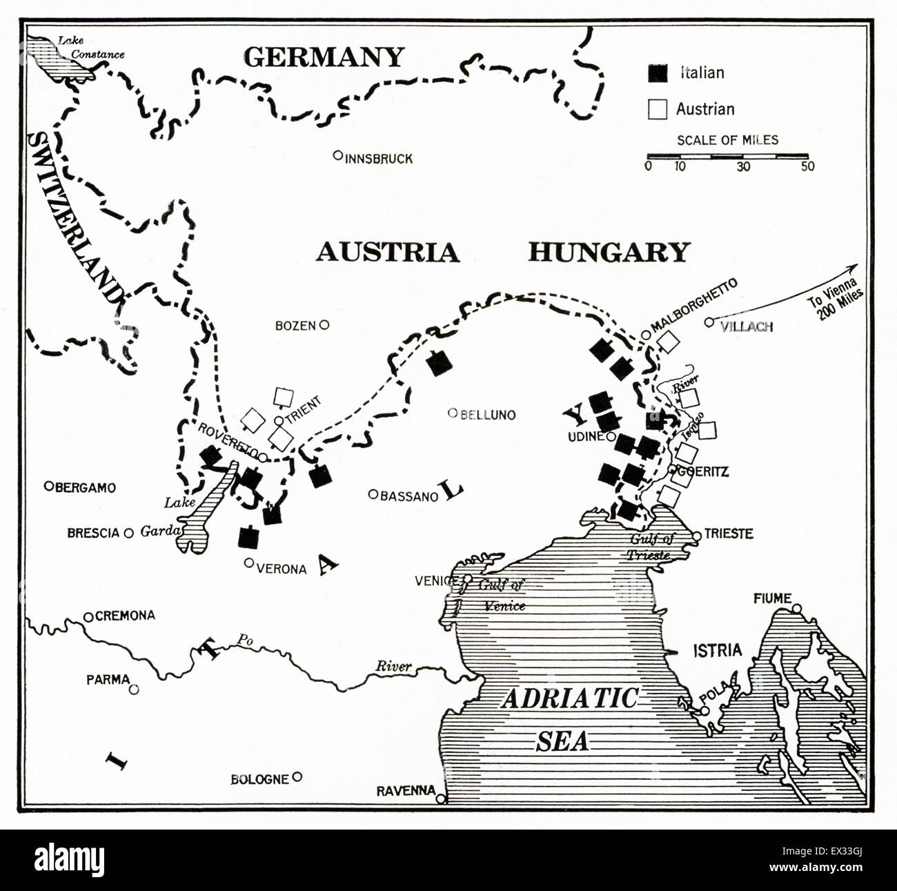 La mappa mostra gli italiani e austriaci posizioni di truppa nell area alpina durante la guerra mondiale I. nelle Alpi, l'esercito italiano come ha di fronte il più formidabile ostacolo naturale in Europa. Foto Stock