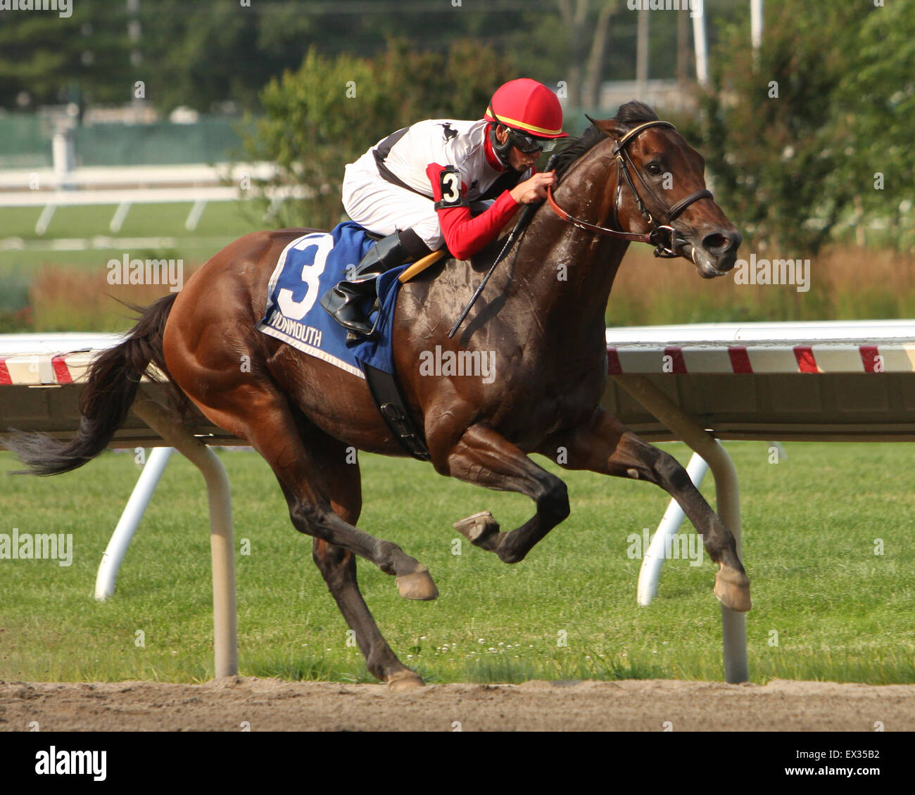 Oceanport, New Jersey, USA. 5 Luglio, 2015. Luglio 05 2015: Bradester con Eddie Kenneally vincere il grado III Salvator Mile picchetti per 3 anni, andando a 1 miglio a Monmouth Park. Trainer Corie Lanerie. Proprietario Giuseppe Sutten. Luisa Rossi Kawczynski/ESW/CSM/Alamy Live News Foto Stock