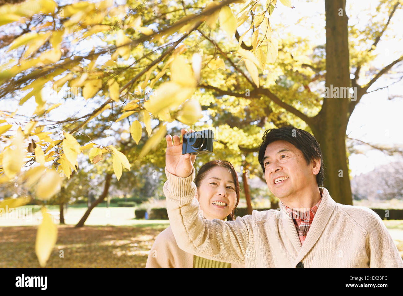 Senior coppia giapponese a scattare foto in un parco della città in autunno Foto Stock