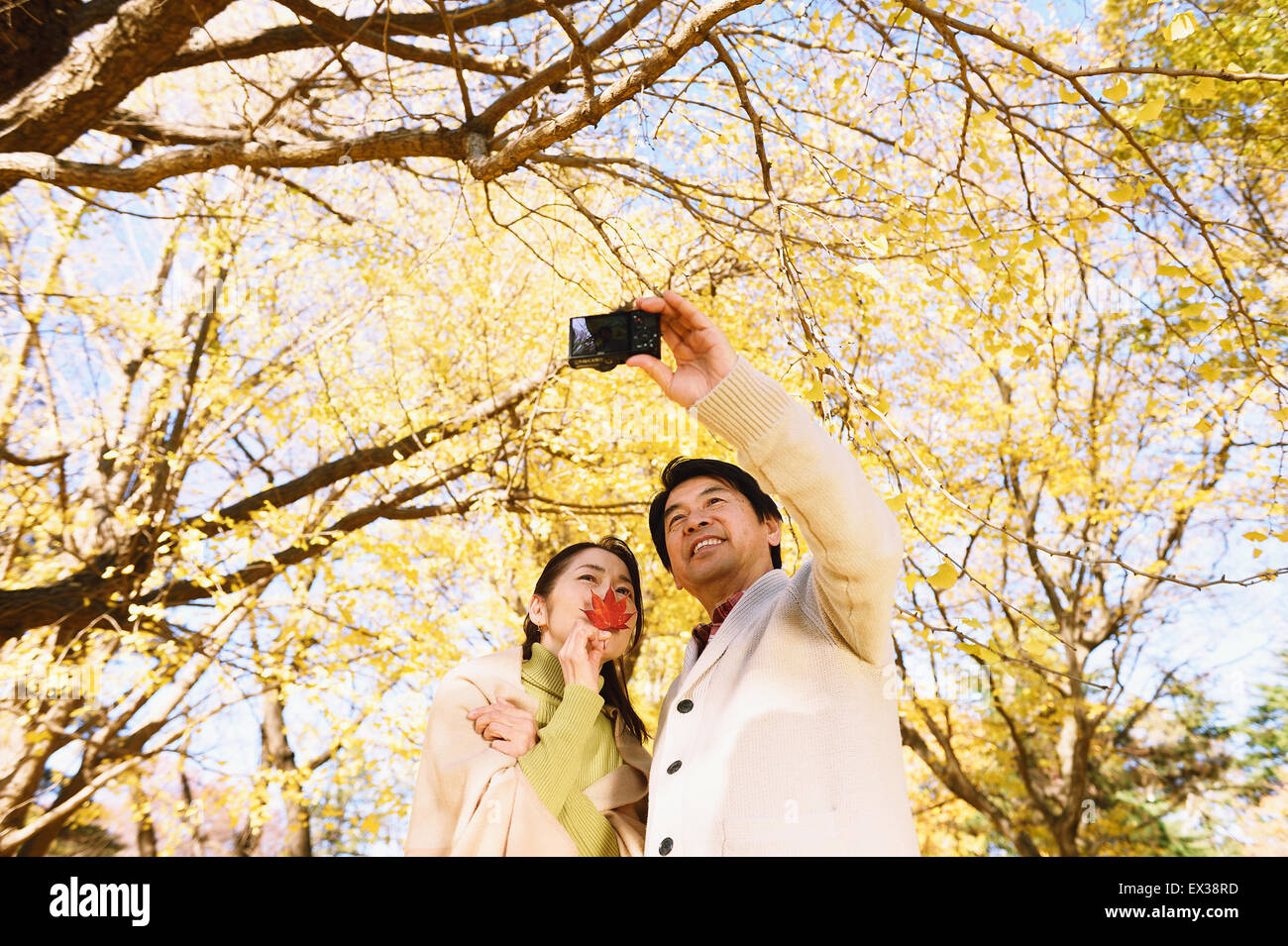 Senior coppia giapponese a scattare foto in un parco della città in autunno Foto Stock