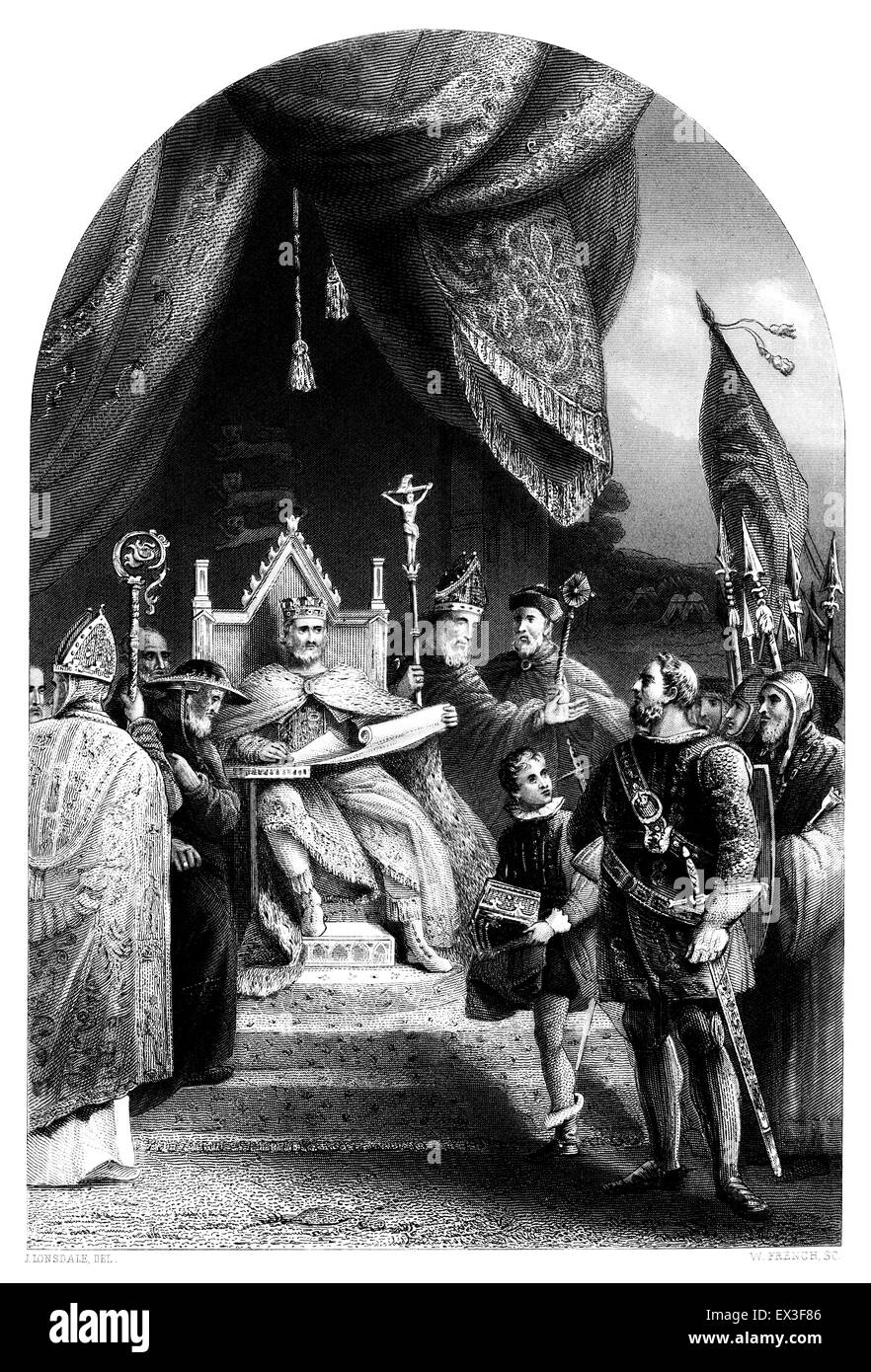 Il re Giovanni la tenuta Magna Charta, da acciaio Vittoriano di incisione Foto Stock